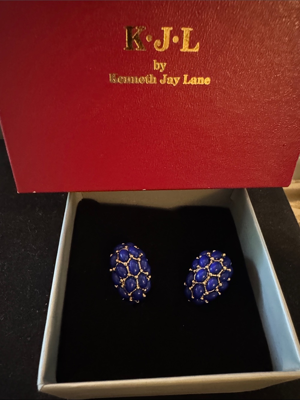 Kenneth Jay Lane Royal Blue and Gold Cluster Clip-On Earrings